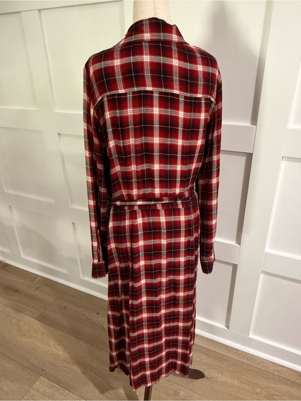 Plaid Button-Front Shirt Dress with Waist Tie - Red Plaid - Picture 5 of 5